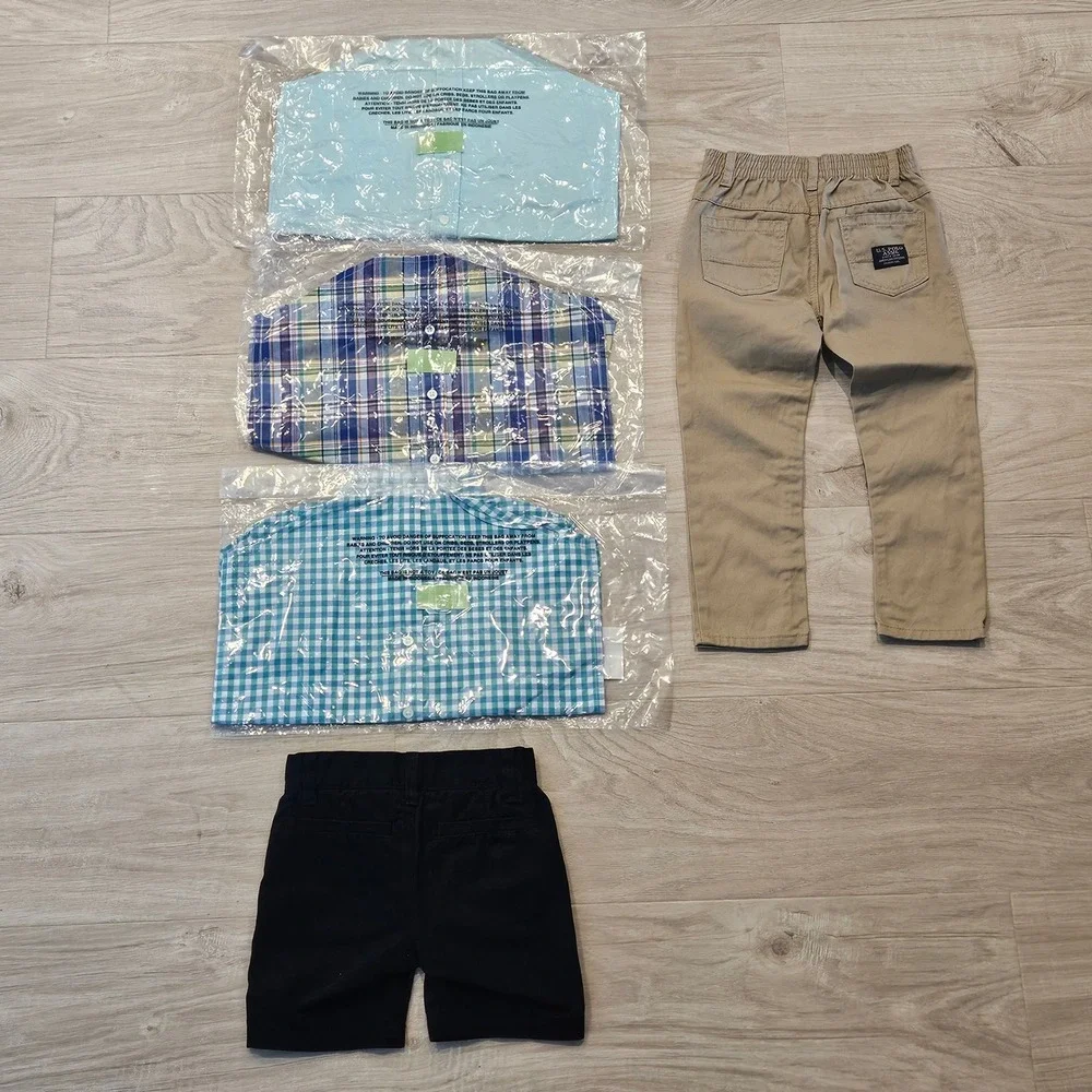 Spring Outfits Boys Size 4 Lot of 5 Button Down Shirts Plaid NEW Pants‎ Shorts